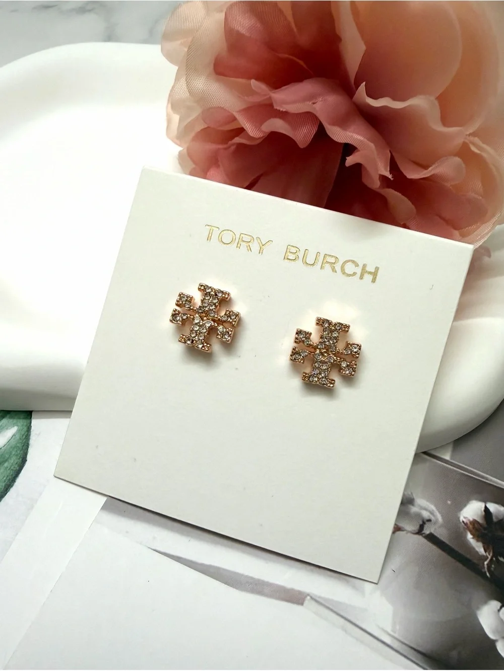 Tory Burch Rose Gold Crystal Logo Stud Earrings